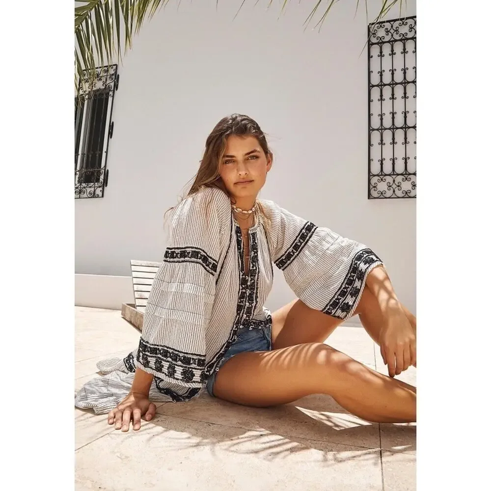 Free People Meadow Maxi Top Boho Beach Eclectic Nautical Peasant Size L $228